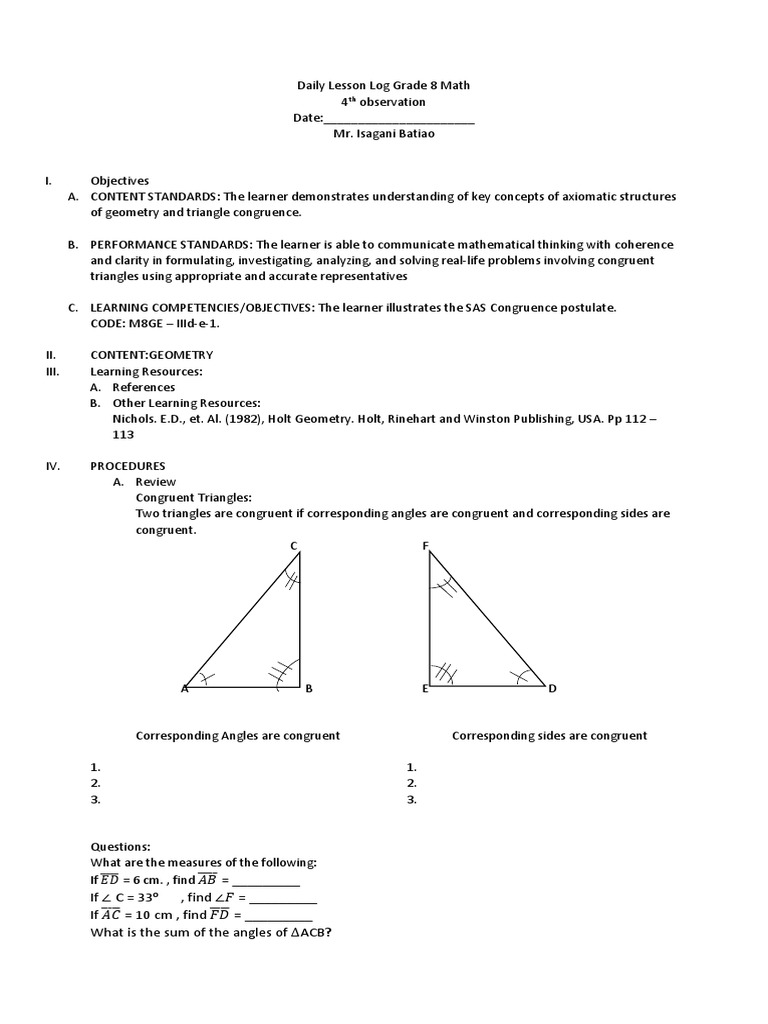 Daily Lesson Log Grade 8 Math | PDF | Geometry | Teaching Mathematics