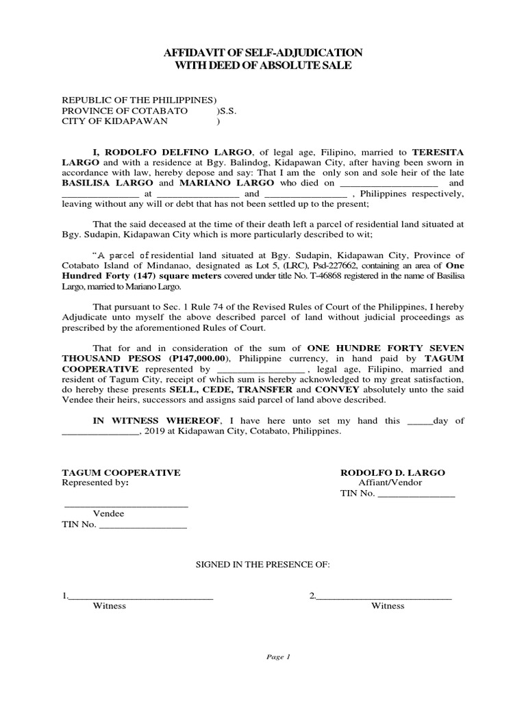 Affidavit of Self Adjudication by Sole Heir of Estate of A Deceased