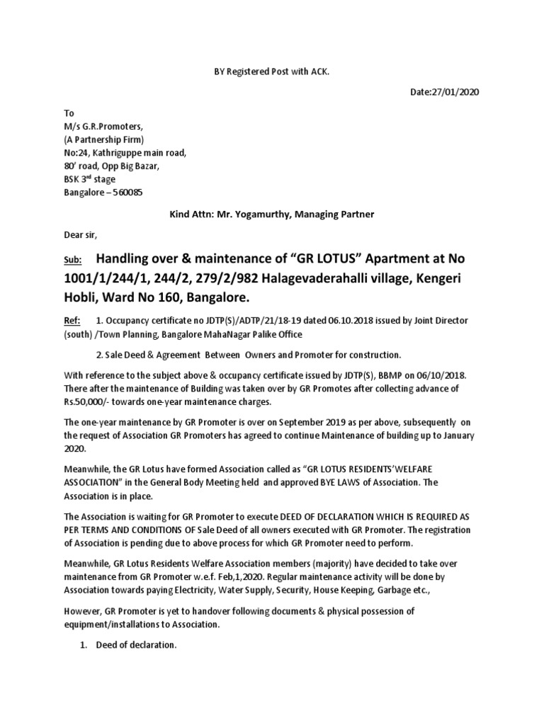 GR Lotus Apartment Maintenance Handover | PDF | Deed | Government