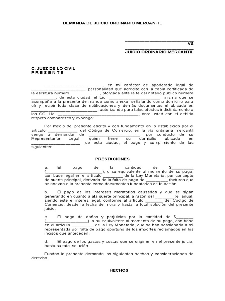 Demanda de Juicio Ordinario Mercantil | PDF | Sociedad de responsabilidad  limitada | Demanda judicial