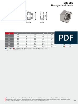 Dimensional Specifications and Grades for Hexagon Weld Nuts According to DIN  929 Standard
