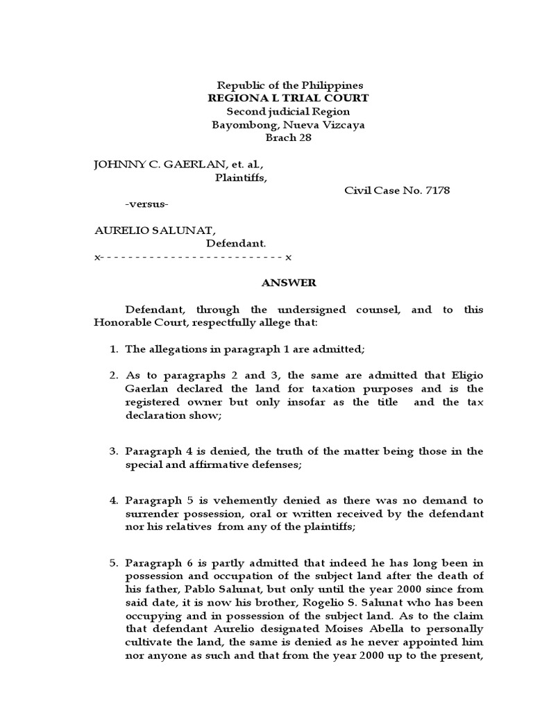 Defendant's Answer in Civil Case 7178 | PDF | Cause Of Action | Lawsuit