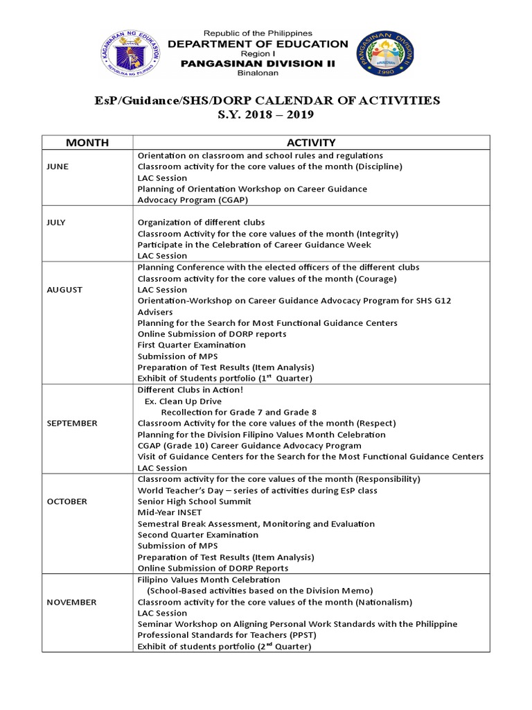 EsP Proposed CALENDAR OF ACTIVITIES PDF Cognition Behavior
