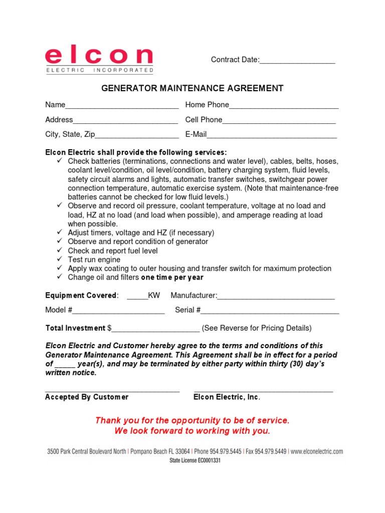Generator Maintenance Form PDF Switch Electricity