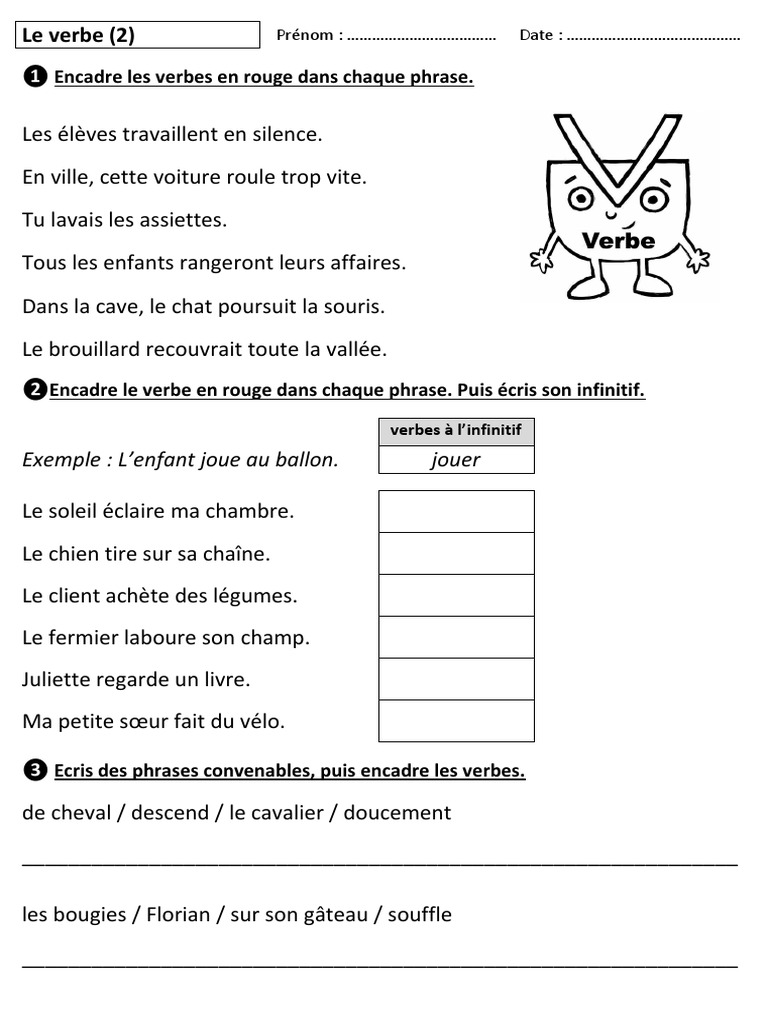 Le Verbe Et Son Infinitif Ce2 Pdf Ce1 Le Verbe Exercices 02 PDF | PDF | Unités sémantiques | Grammaire