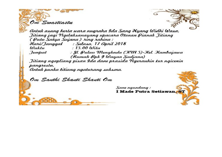 Contoh Undangan Otonan