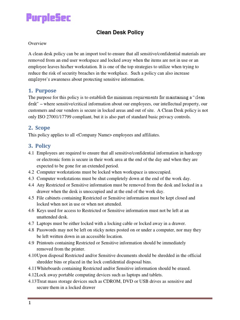 Clean Desk Policy for Workplace Security | PDF | Information ...