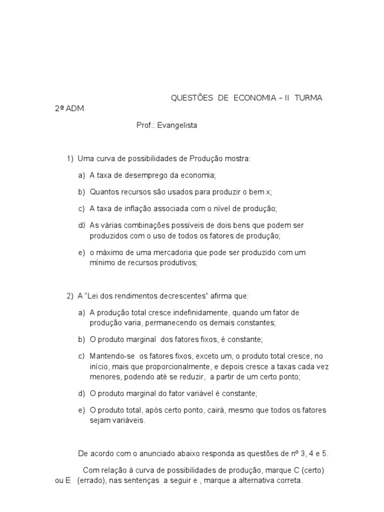 Questões de Economia: Curvas e Custos | PDF | Demanda | Oferta e procura