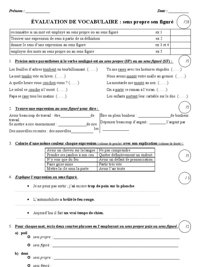 Sens Propre Sens Figuré Exercices Corrigés Cm1