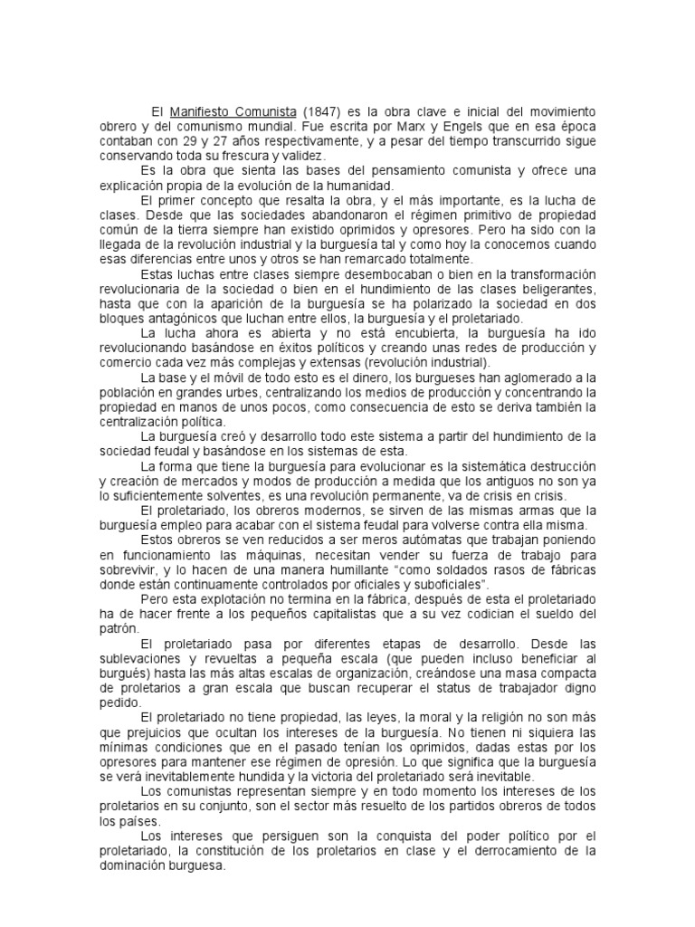Manifiesto Comunista (Resumen) PDF El Manifiesto