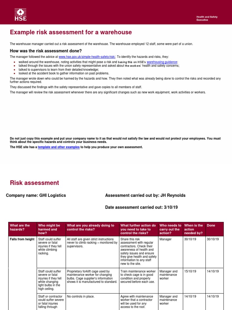 Warehouse Risk Assessment Example | PDF | Forklift | Risk