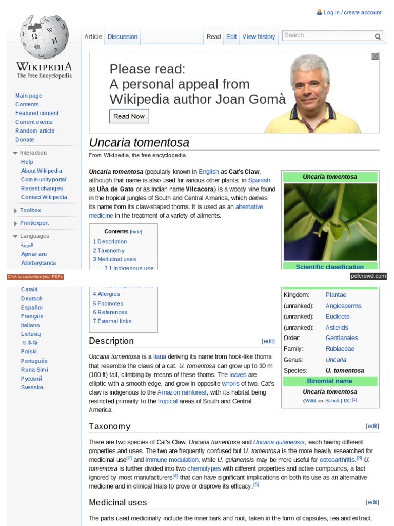 Cat's Claw Uncaria Tomentosa Wikipedia, The Free Encyclopedia PDF Health Sciences