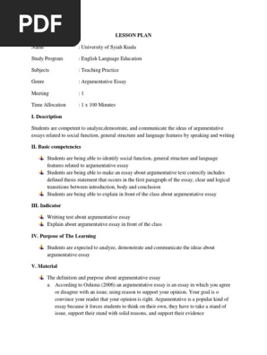 LESSON PLAN ARGUMENTATIVE ESSAY
