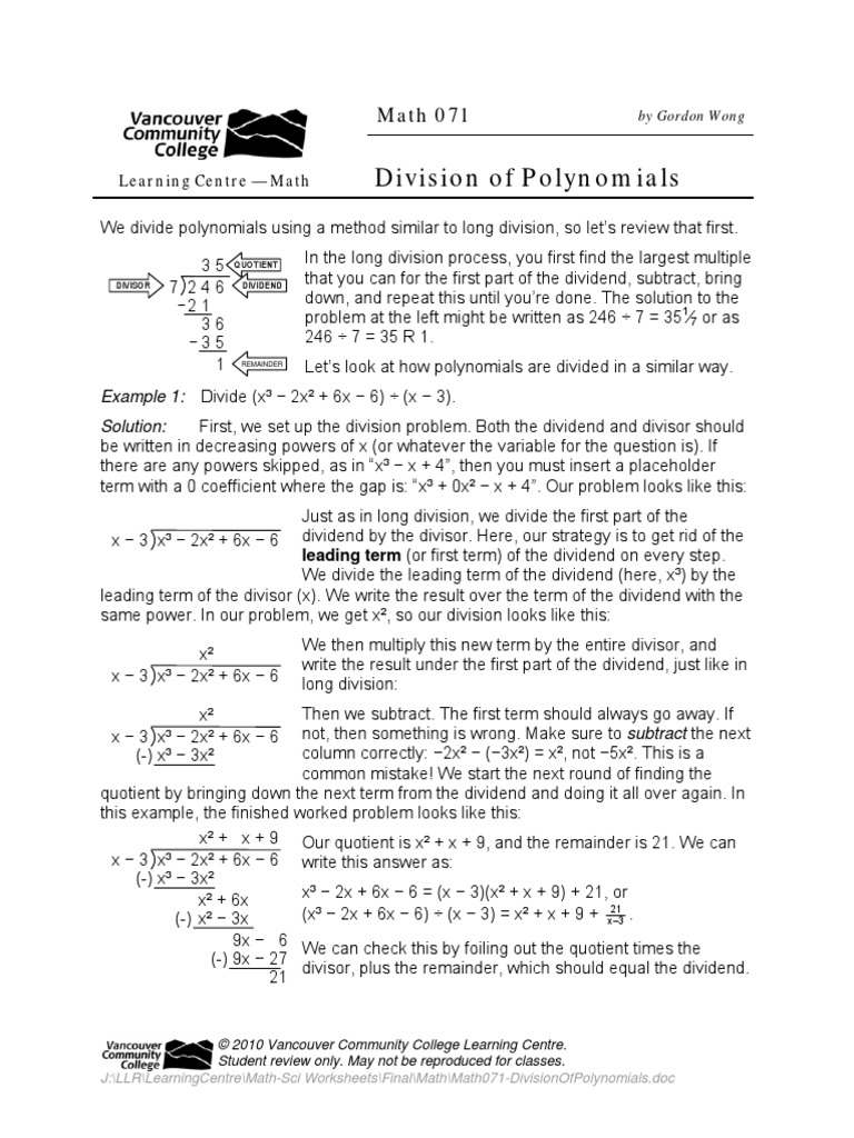 Math071 Divisionofpolynomials | Pdf | Division (Mathematics) | Elementary Mathematics