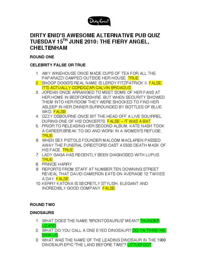 Dirty Enid S Awesome Alternative Pub Quiz Questions Answers Beverages Nature