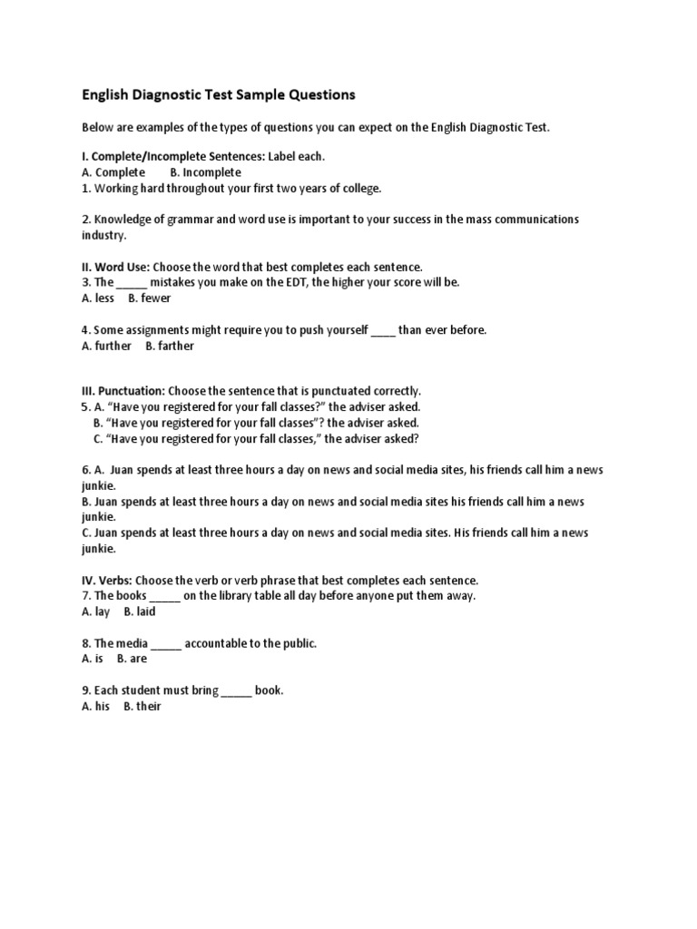 English Diagnostic Test Sample Questions | PDF | English Language ...