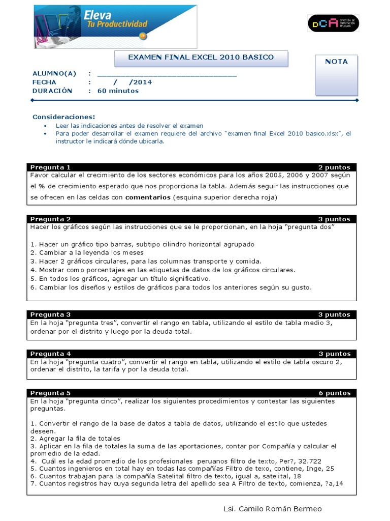 Examen Final Excel 2010 Básico | PDF | Microsoft Excel | Informática