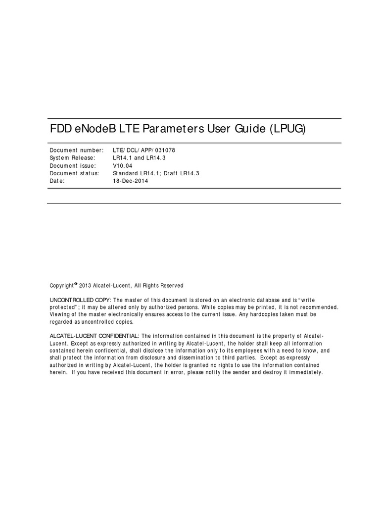 Ltedclapp031078lr14 1 L V1 Fdd Enodeb Lte Parameters User Guide Lpug Lr14 1 L Lte Telecommunication Object Oriented Programming
