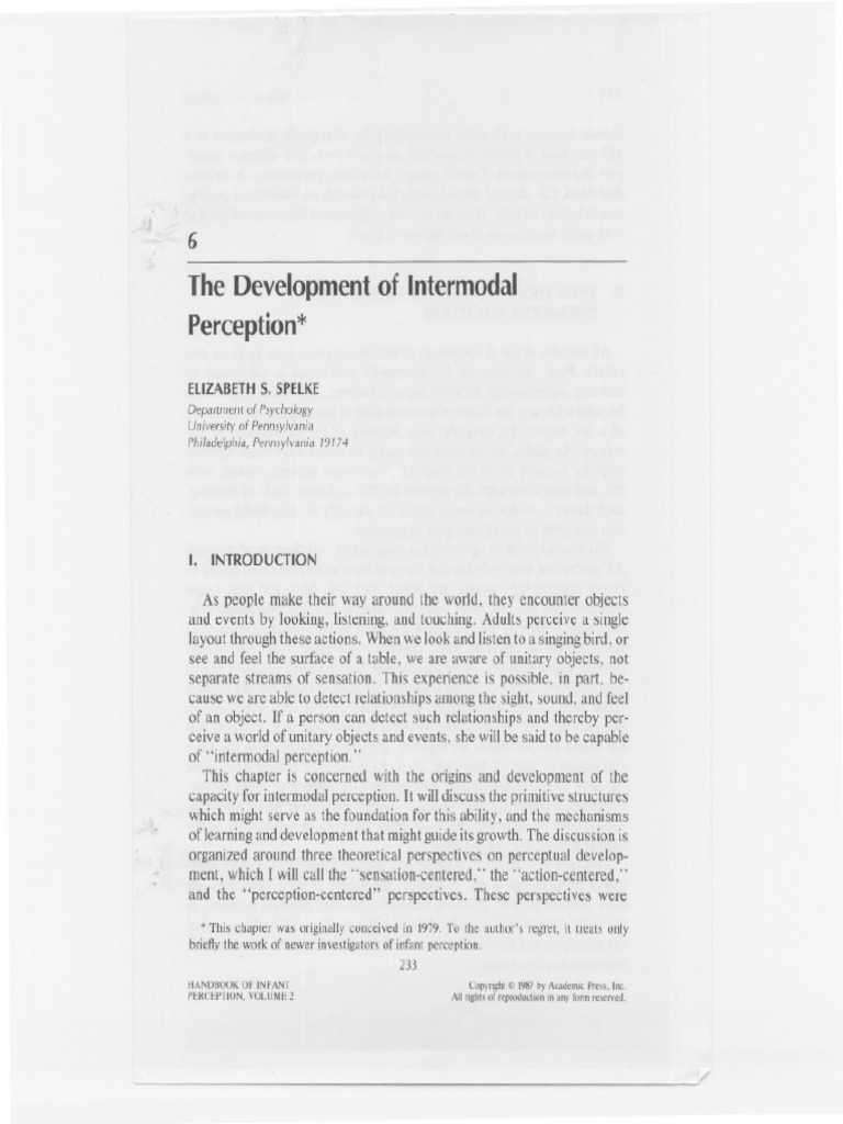 SPELKE The Development of Intermodal Perception PDF | PDF