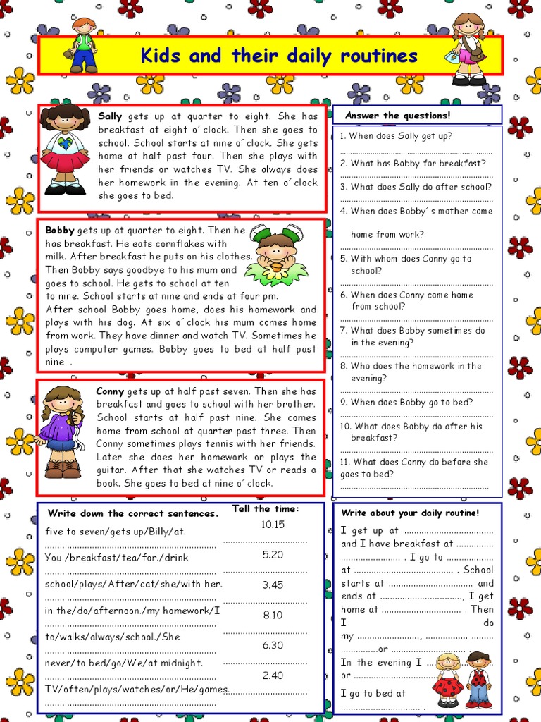 Kids and Their Daily Routines Key Reading Comprehension Exercises ...