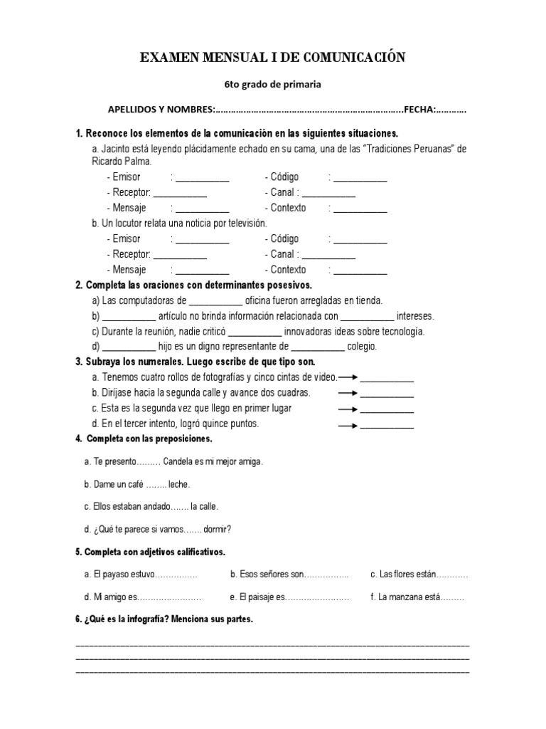 Examen Mensual de Comunicación 6to grado | PDF | Juegos y actividades ...