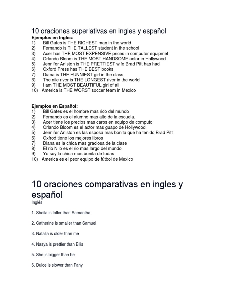 10 Oraciones Superlativas en Ingles y Español
