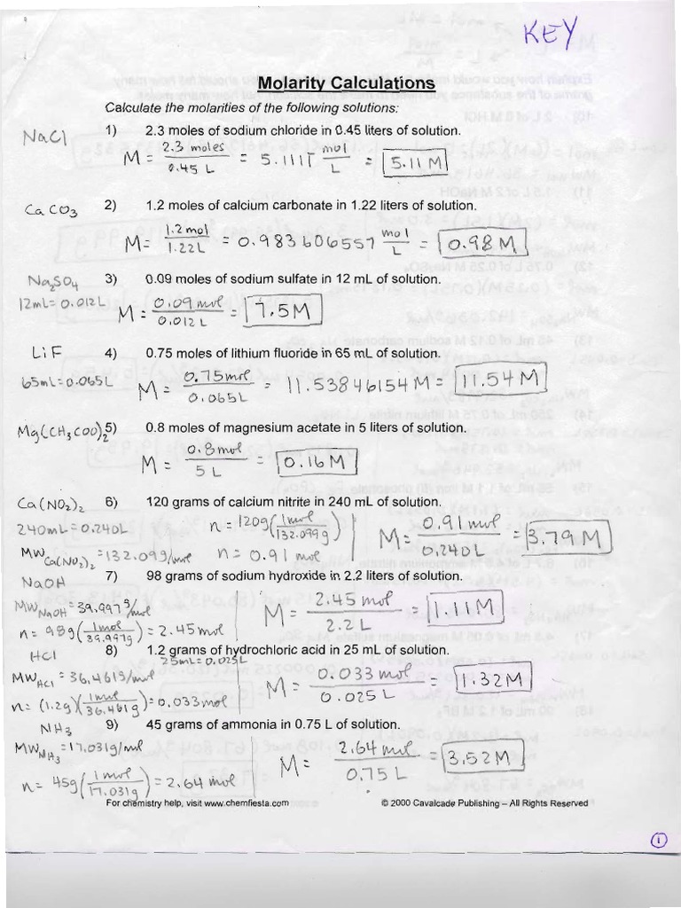 Molarity Molality Concentration Worksheets Key