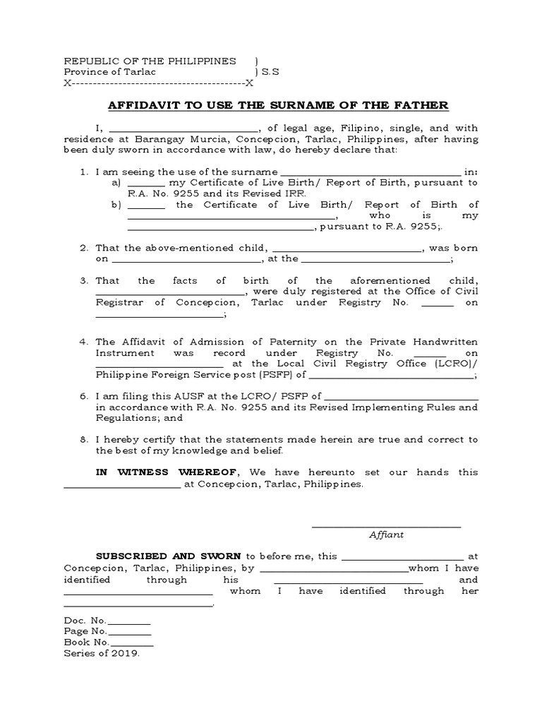 Affidavit to Use Father's Surname | PDF | Affidavit | Legal Procedure