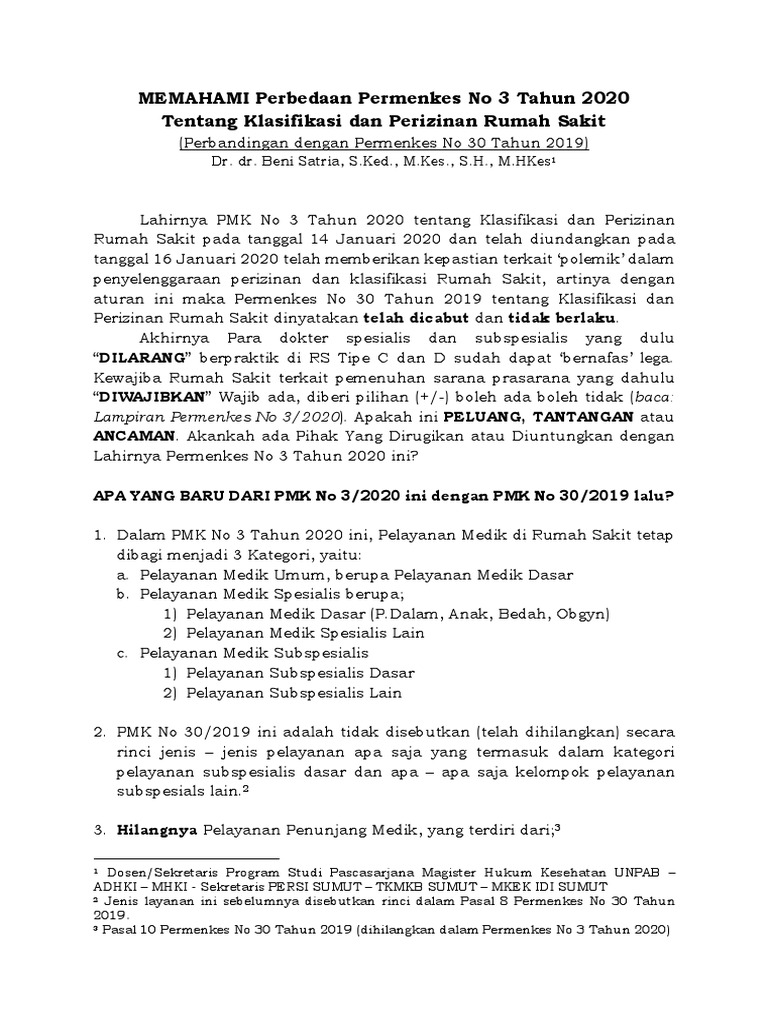 MEMAHAMI PMK No 3 Tahun 2020 Tentang Izin Dan Klasifikasi Rumah Sakit | PDF