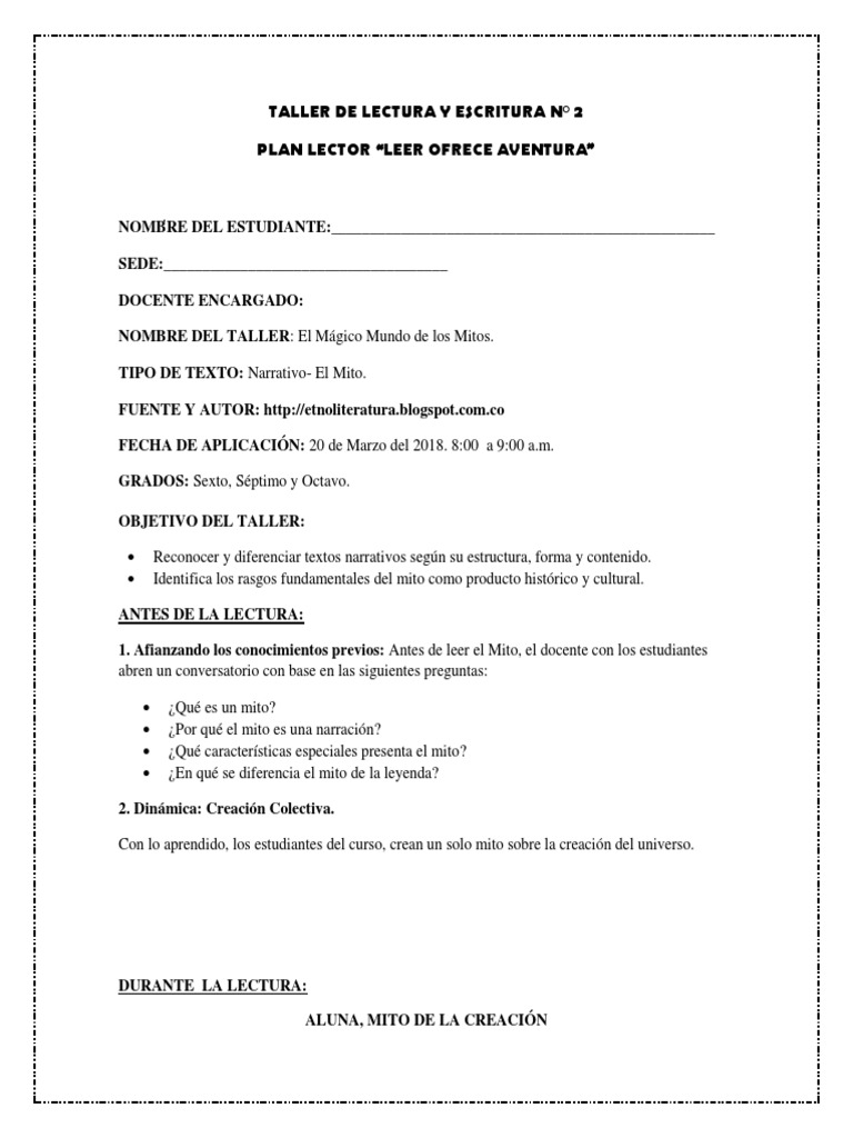 2 Taller Mito Pdf Prometeo Mitos De La Creación