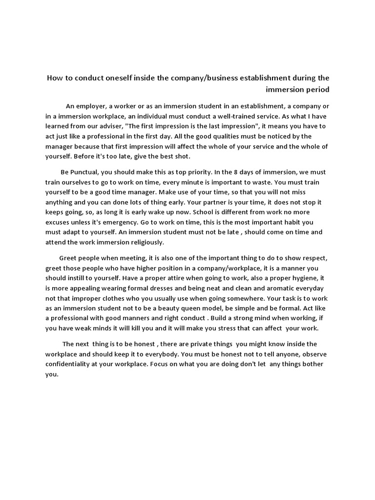 Work Immersion EssayLyca PDF Action (Philosophy) Applied Psychology