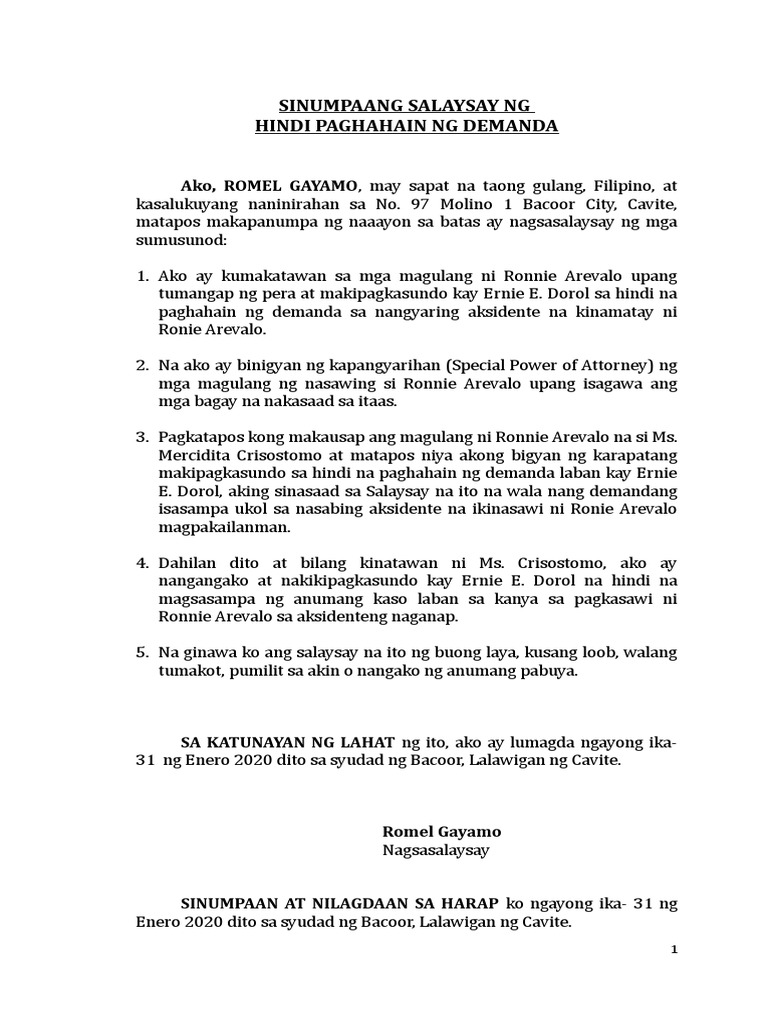 Affidavit of Desistance Tagalog Dorol | PDF