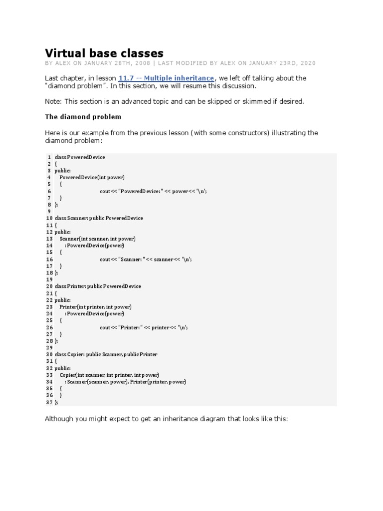 Virtual Base Classes PDF Inheritance (Object Oriented Programming