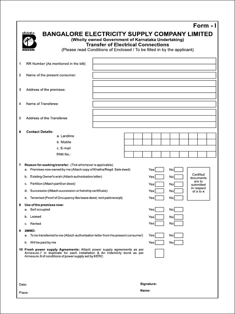 BESCOM Name Transfer Form
