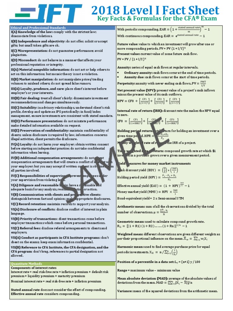 IFT CFA Level I Facts and Formula Sheet 2018 SAMPLE PDF Standard
