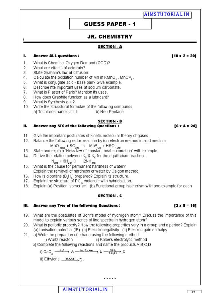 1st Year Chemistry Model Question Paper | PDF | Chemical Reactions ...