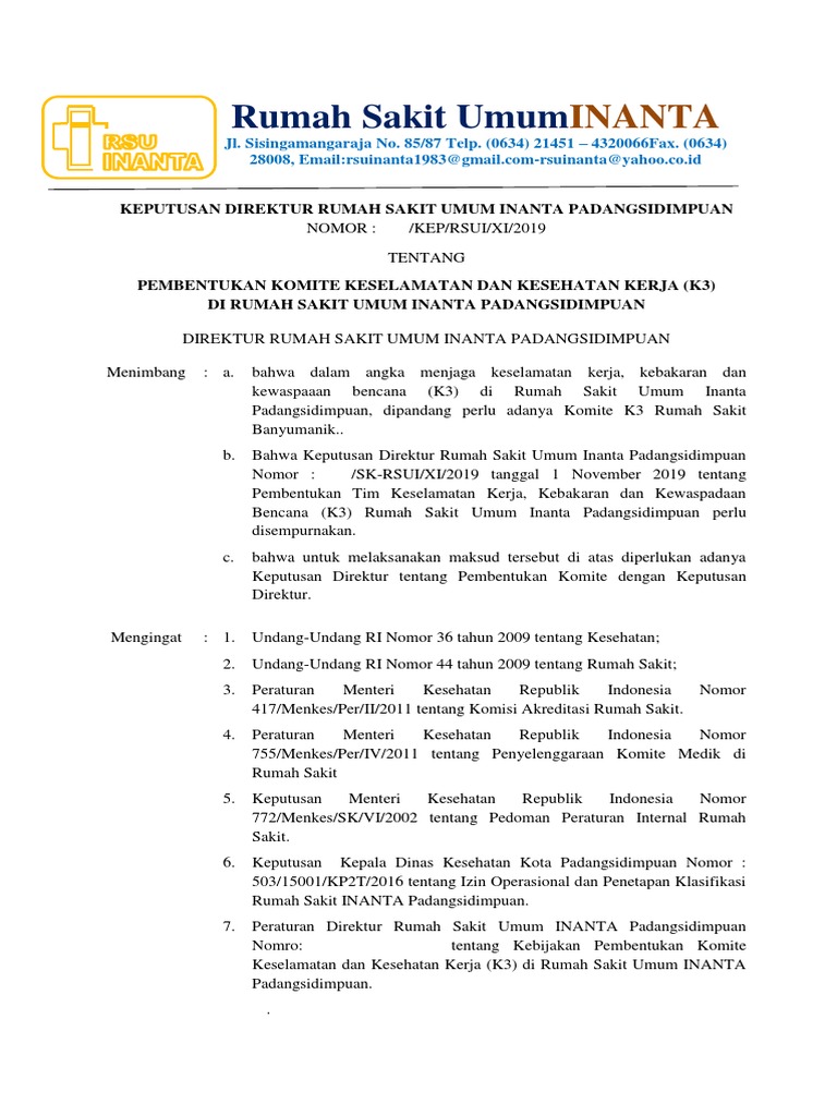 Pembentukan Komite K3 RSU Inanta | PDF