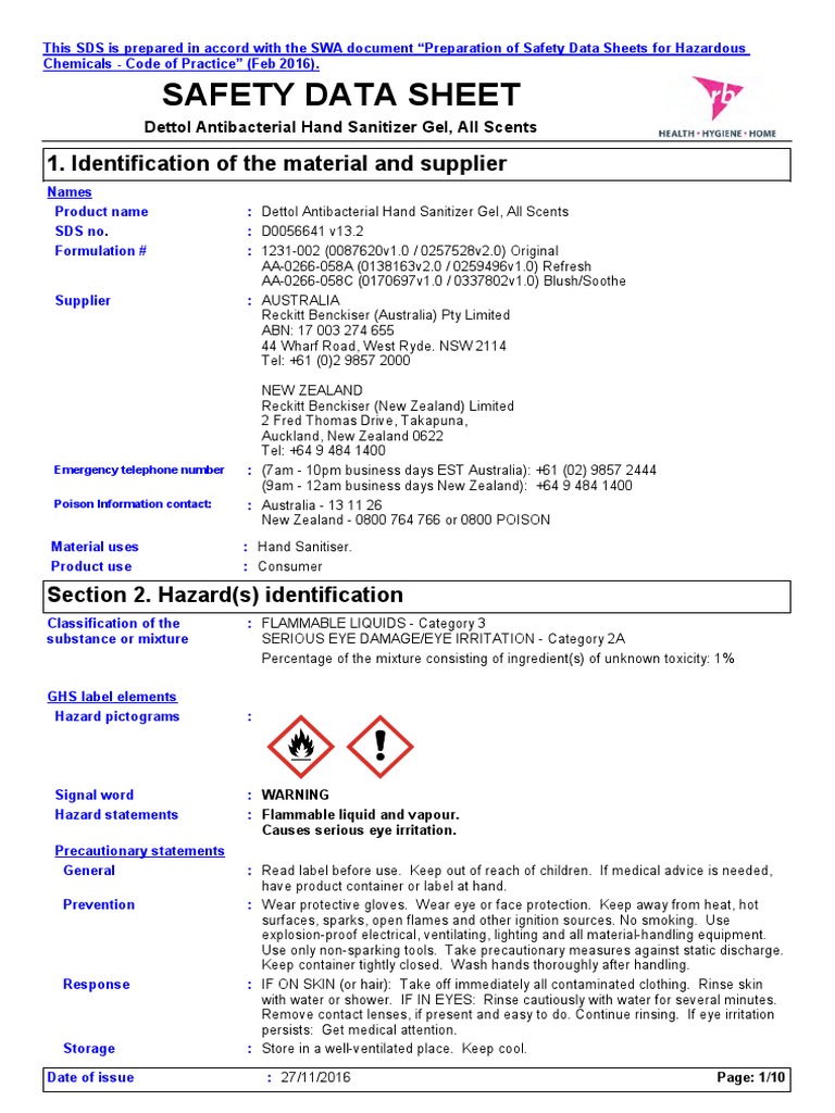 Dettol Hand Sanitizer Msds