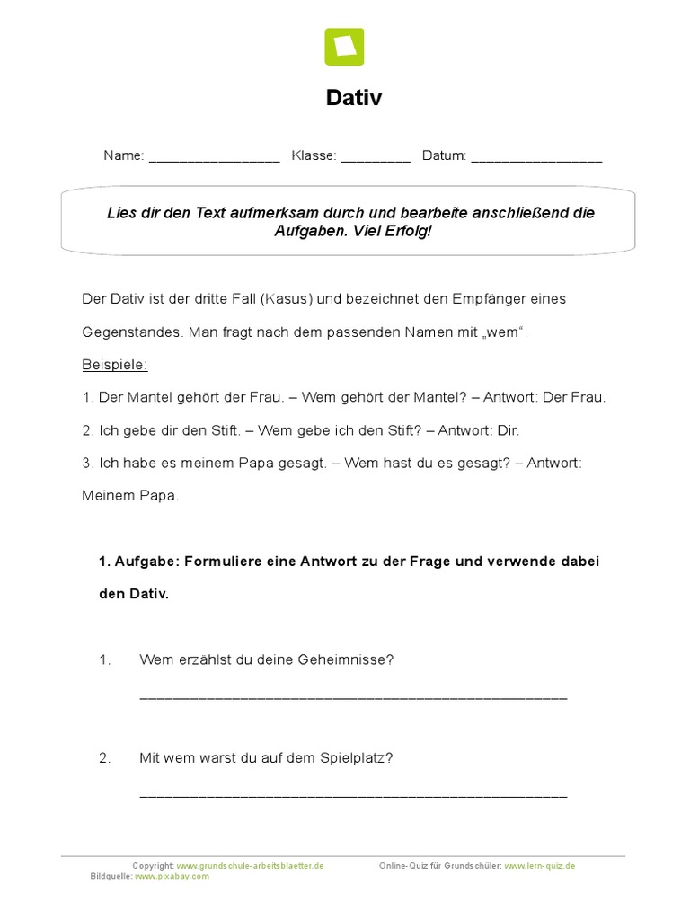 Arbeitsblatt Dativ 3 Fall | PDF