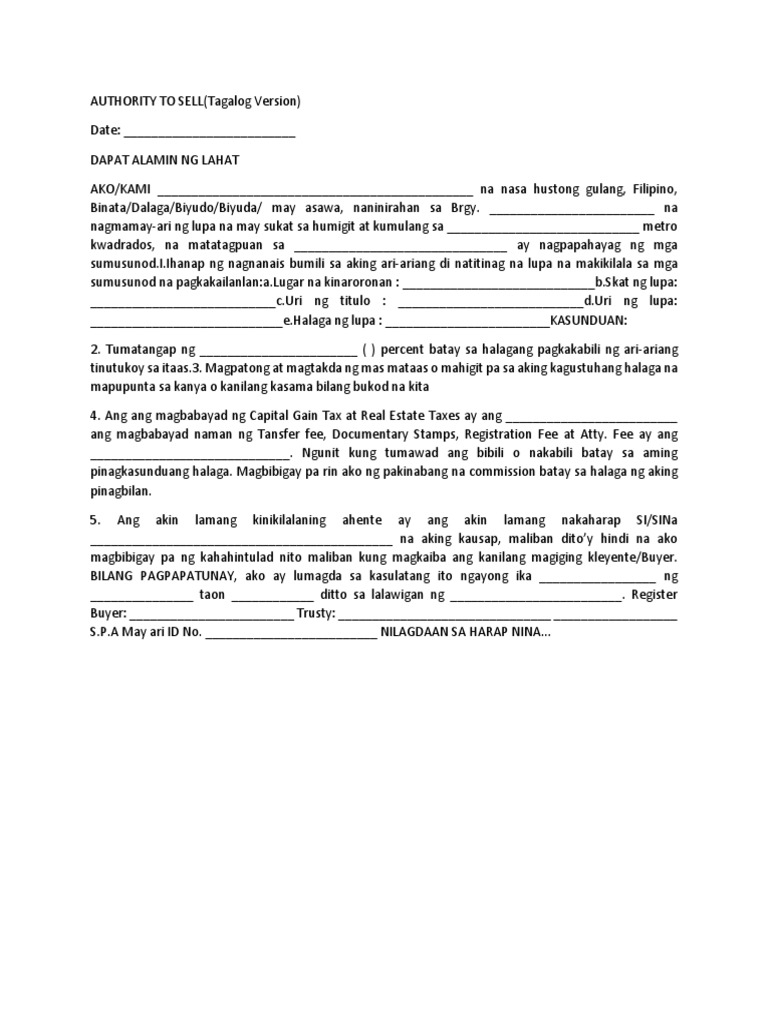 AUTHORITY TO SELL Tagalog Version PDF