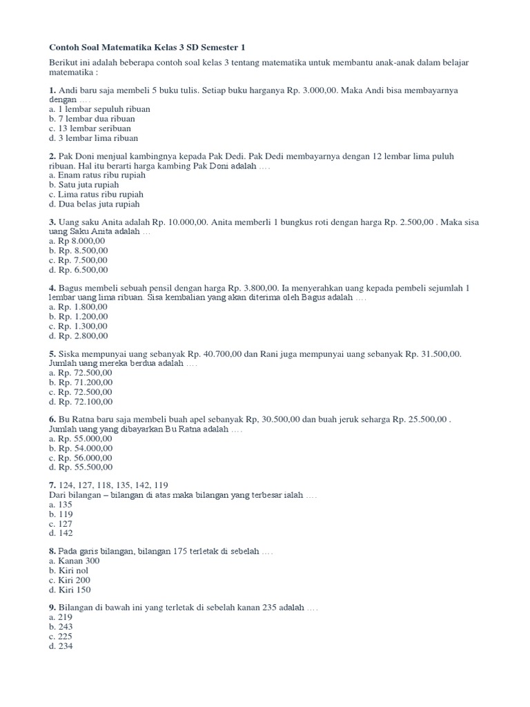 Contoh Soal Matematika Kelas 3 SD | PDF | Metode & Bahan Ajar