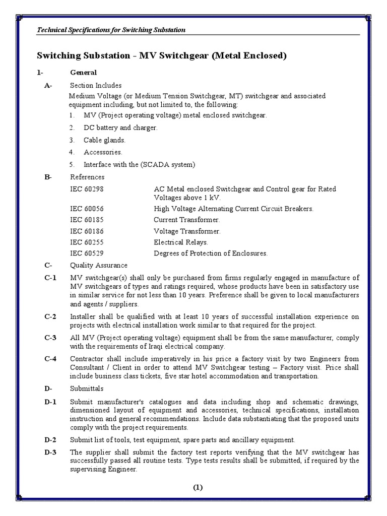 MV Switchgear Technical Specifications | PDF | Electrical Substation ...