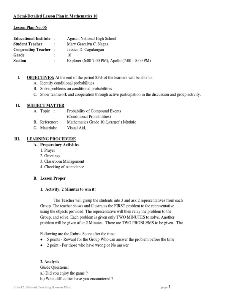 Grade 10 Conditional Probability Lesson Plan | PDF | Lesson Plan | Teachers