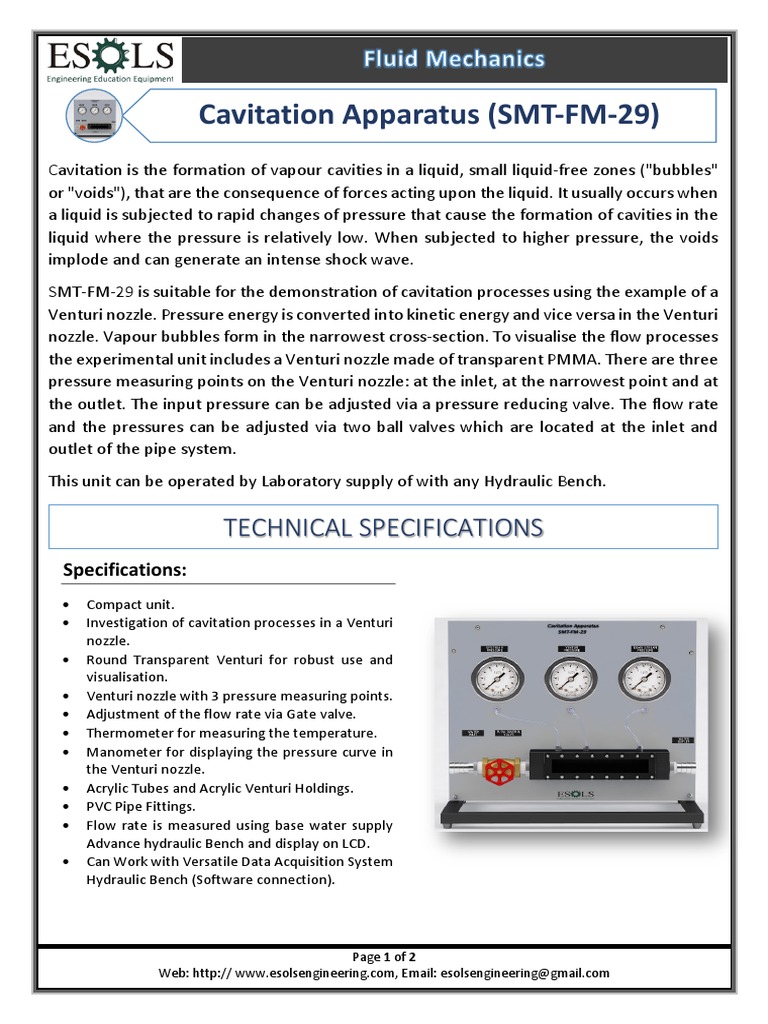 Cavitation Apparatus SMT-FM-29 Overview | PDF | Flow Measurement | Pressure