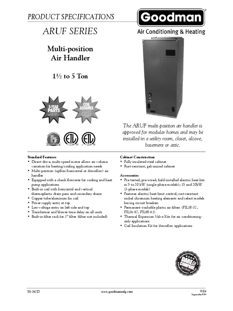 Goodman Aruf060 00a 1a | PDF | Building Technology | Machines