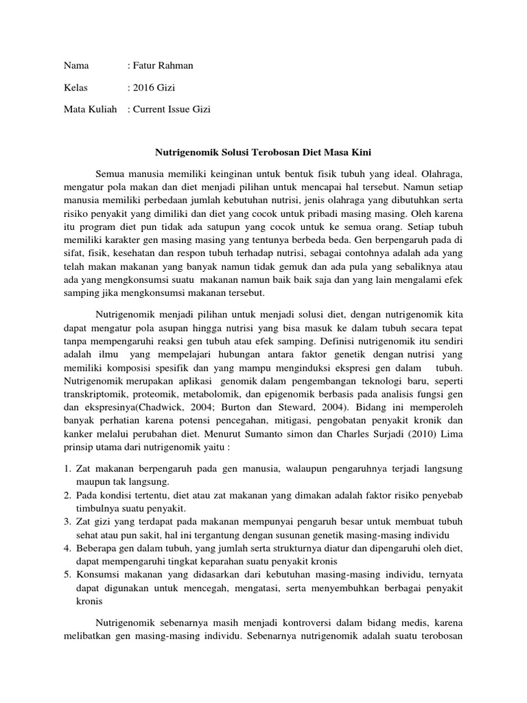 Fatur Rahman 1611015070 Gizi Essay Nutrigenomik Pdf