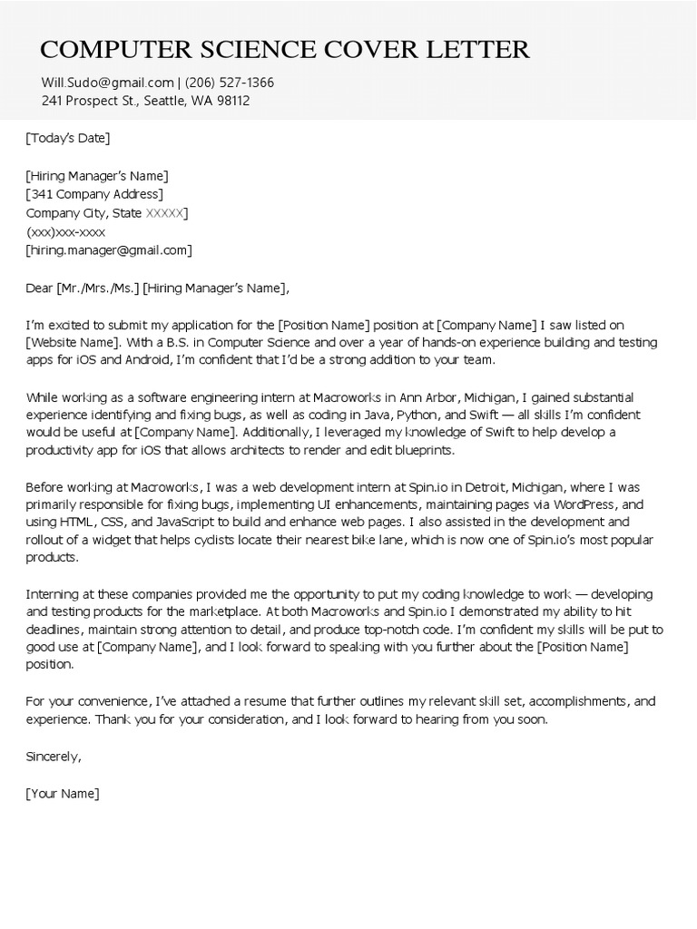 Computer Science Cover Letter Example Template PDF