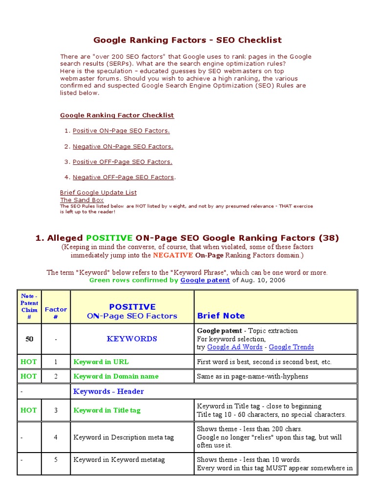 Google Ranking Factors - SEO Checklist: Positive | PDF | Search Engine ...