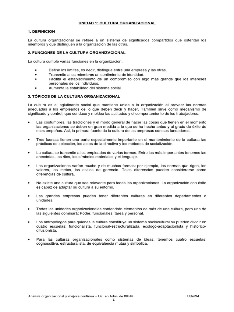 Definición y Funciones de la Cultura Organizacional | PDF | Cultura ...