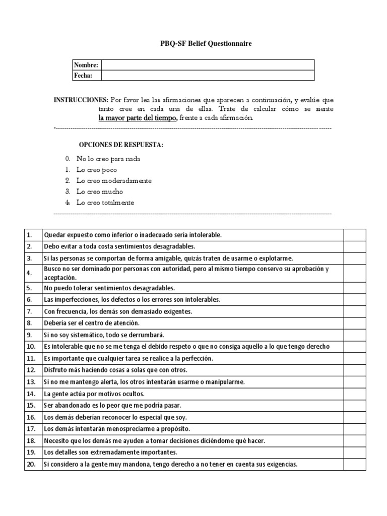 Cuestionario PBQ-SF: Evaluación de Creencias | PDF | Agitación | Violencia